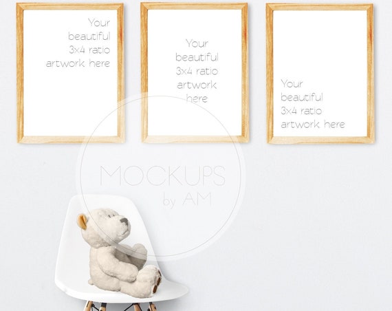 Mockup Of 3 Wooden Frames With Chair And Teddy