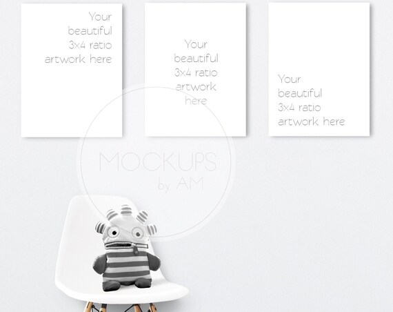 Scandi Set Of 3 Nursery Canvas Mockup With Monster