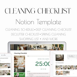 May include: A digital cleaning checklist template displayed on various devices, including a laptop, tablet, and smartphone. The text includes "Cleaning Checklist," "Notion Template," and cleaning-related lists. The image showcases a clean, modern aesthetic.