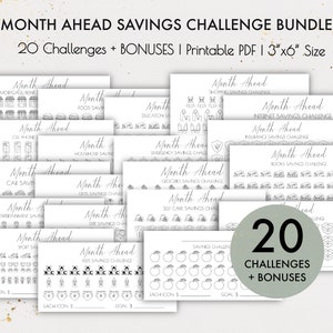 Month Ahead-spaaruitdagingbundel, envelopuitdaging, budgetplanner, geld besparen, maandelijkse besparingen, karweigrafiek, besparingstracker