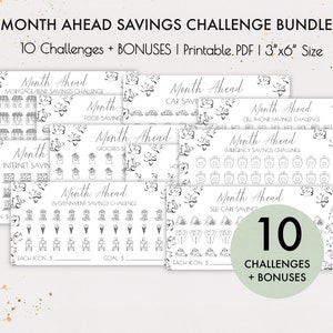 Maand vooruit besparingsuitdagingsbundel, envelopuitdaging, budgetplanner, geld besparen, maandelijkse besparingen, karweigrafiek, besparingstracker