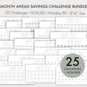 Month Ahead-spaaruitdagingbundel, envelopuitdaging, budgetplanner, geld besparen, maandelijkse besparingen, karweigrafiek, besparingstracker