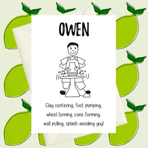 May include: A white greeting card with the name "OWEN" in bold black letters. The card features a black and white illustration of a person working on a pottery wheel, with text below describing the pottery process. The background has a pattern of green limes.