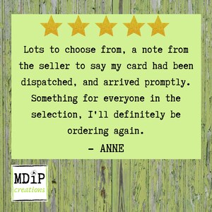 May include: Five gold stars on a green background with a review that reads: "Lots to choose from, a note from the seller to say my card had been dispatched, and arrived promptly. Something for everyone in the selection, I'll definitely be ordering again. - ANNE"