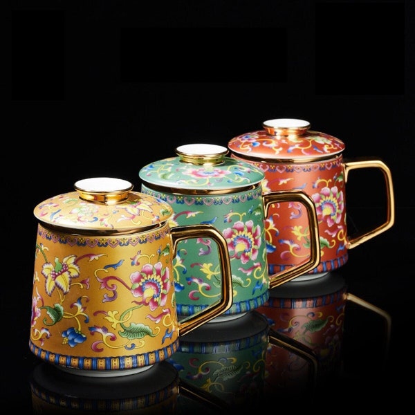 Porcelain Tea Mug with Strainer  and Lid, Chinese Ceramic Tea Cup Set, Falangcai Porcelain Mug
