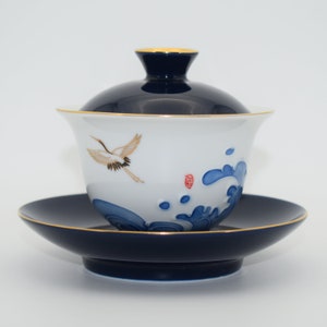 Gaiwan Tea Cup,Hand-painted Relief Pattern Chinese Teacup with Saucer and Lid,Jingdezhen Porcelain