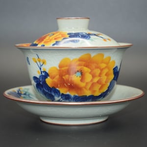 Gaiwan Tea Cup with Ice Cracks Pattern, Chinese Teacup with Saucer and Lid,Hand-painted peony