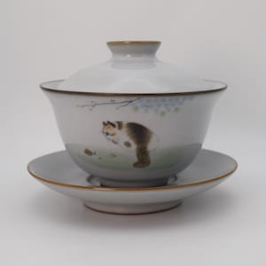 Gaiwan Tea Cup with Ice Cracks Pattern, Cute cat,Chinese Teacup with Saucer and Lid, Hand-drawn pattern