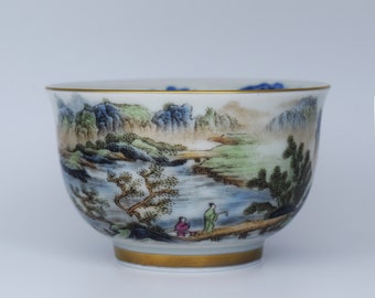 Porcelain Tea Cup with Hand Painted, Chinese Landscape Painting Teacup,Gongfu Teacup Ancient