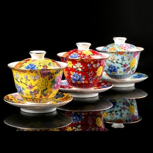 Falangcai Porcelain Gaiwan Tea Cup, Chinese Teacup with Saucer and Lid, Imitated Antique Color
