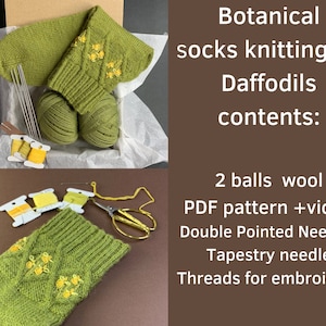 Sock knitting kit Botanical socks Daffodils including yarn needles tutorial & video Easter Gift idea I Love My Moms idea Kits for Beginners