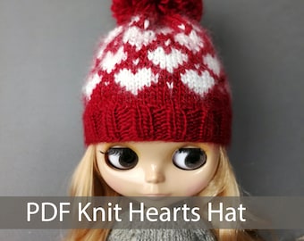 Knit Doll Hat Pattern | Hearts Design (PDF Pattern)