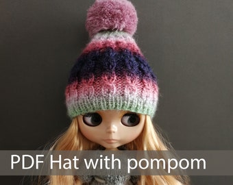 Knit Doll Hat Pattern: Pompom Beanie for Blythe (PDF Pattern)