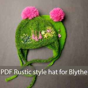 Blythe PDF Pattern Blythe doll hat knitted doll hat pattern Blythe Rustic style hat with pompom Blythe clothes PDF Garden embroidery