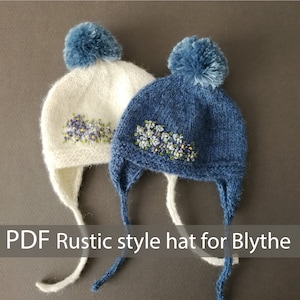 Blythe PDF Pattern for blythe doll knit doll hat pattern Blythe Rustic style hat with pompom Blythe clothes PDF forget-me-nots embroidery