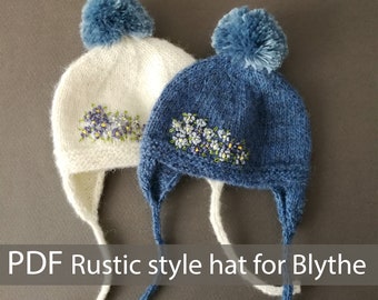 Blythe PDF Pattern for blythe doll knit doll hat pattern Blythe Rustic style hat with pompom Blythe clothes PDF forget-me-nots embroidery