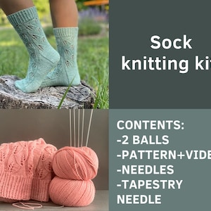 Sock knitting kit including yarn needles step by step tutorial & video diy craft kit Gift idea I Love My Moms idea Kits for Beginners