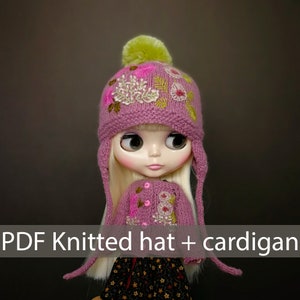 PDF Doll cardigan + hat Knitting patterns Doll clothes pattern Blythe PDF pattern of clothes for Blythe doll Tutorial doll sweater reglan