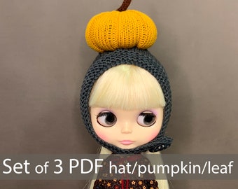 Set of 3 PDF Easy basic hat for Blythe doll / Pumpkin / leaf Autumn decor Halloween patterns Download Pattern tutorial