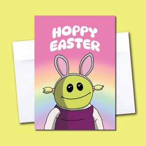 Cartão de Páscoa Hoppy | Ilustração de Nanalan | Cartão de felicitações em branco com envelope | Primavera | Mona, a coelhinha | Quem é essa garota maravilhosa