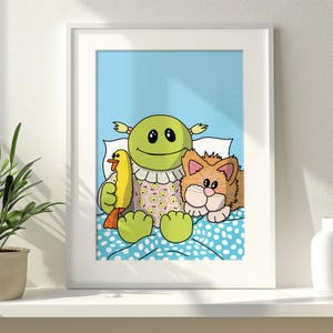 May include: A framed cartoon print featuring a green character with pigtails, a yellow duck toy, and an orange cat. The characters are in a bed with a blue polka dot blanket and a light blue background.