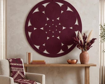 Burgundy Round Wall Art, Handmade Japandi Cotton Rope Hanging, Oversized Boho Sculpture
