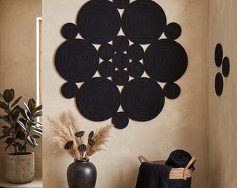Black Cotton Rope Wall Art, Modern Geometric Wall Hanging, Minimalist Japandi Decor, Woven Round