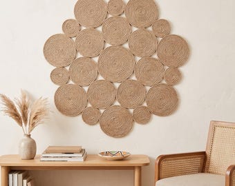 Jute Wall Art, Large Round Boho Mandala, Handmade Coiled Spiral Sculpture, Natural Farmhouse Decor
