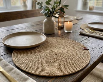 Handmade Round Jute Rustic Placemats, Braided Boho Farmhouse Table Decor