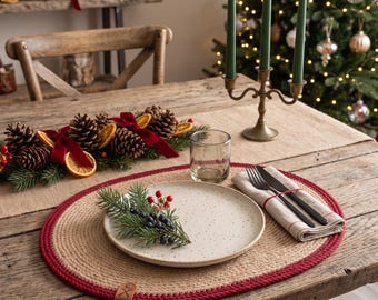 Oval Jute Placemats Red Stripe, Christmas Farmhouse Table Decor, Holiday Dining Housewarming Gift