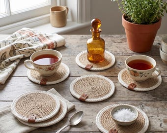 Handmade Jute Coaster Set, White Trim, Fringeless Oversized Mug Rug, Scandi Decor