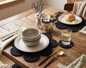 Black Cotton Rope Placemats, Rustic Table Mats, Handmade Boho Modern Farmhouse Dining Decor