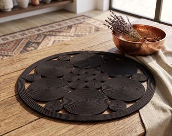 Openwork Black Rope Table Mat, Handmade Circular Cutout Design, Sculptural Home Accent