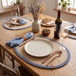 Puede incluir: Una mesa puesta con manteles individuales ovalados de fibra trenzada con borde de cuerda azul, platos de cerámica moteada, cubiertos de color cobre, servilletas de lino azul con anillos de cuero, copas de vino y un jarrón con lavanda seca.