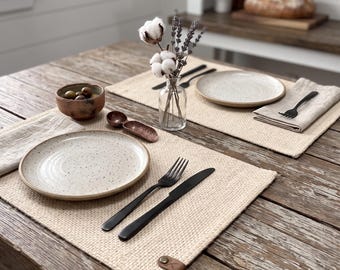 Beige Real Jute Burlap Placemat, Rectangular Table Mat, Japandi Modern Farmhouse Decor