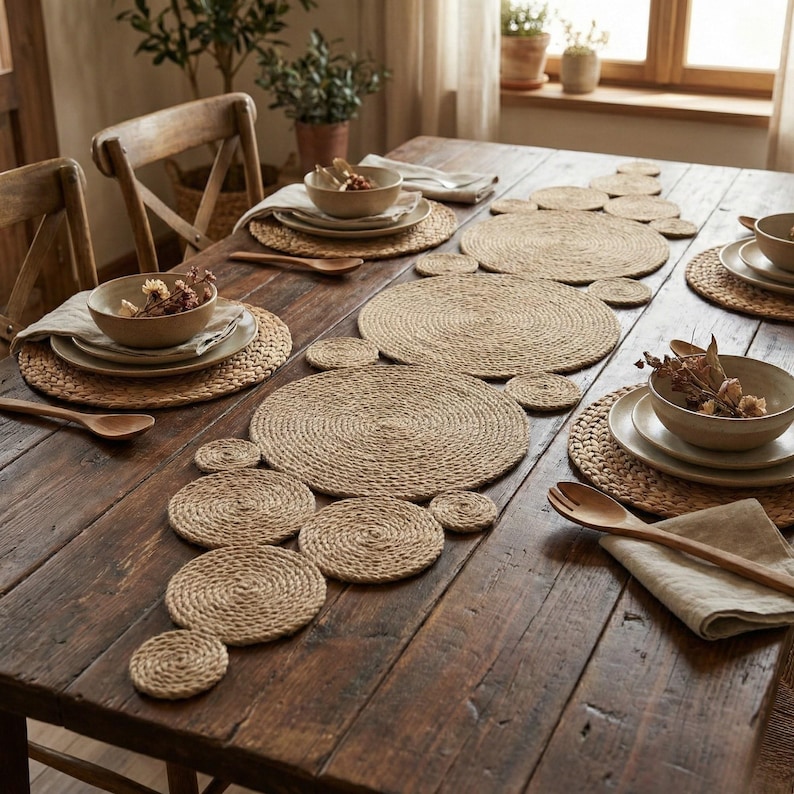 Rustic dining table with a jute coil runner between four woven placemats, stoneware bowls of dried flowers and wooden spoons