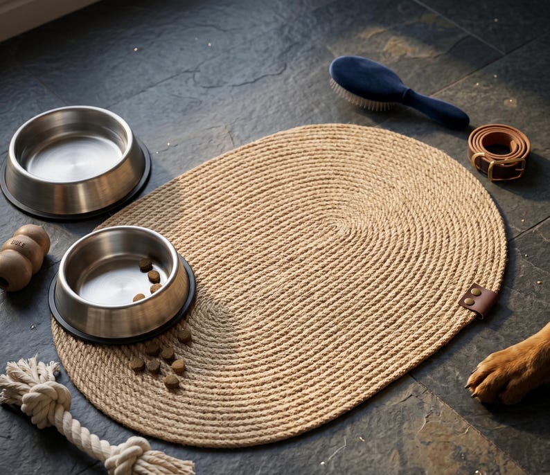 Oval jute dog bowl mat on a dark slate floor, holding two stainless steel pet bowls with a rope toy beside it.