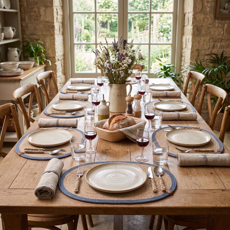 Large dinner table set with multiple blue striped oval jute placemats for a gathering with many guests.
