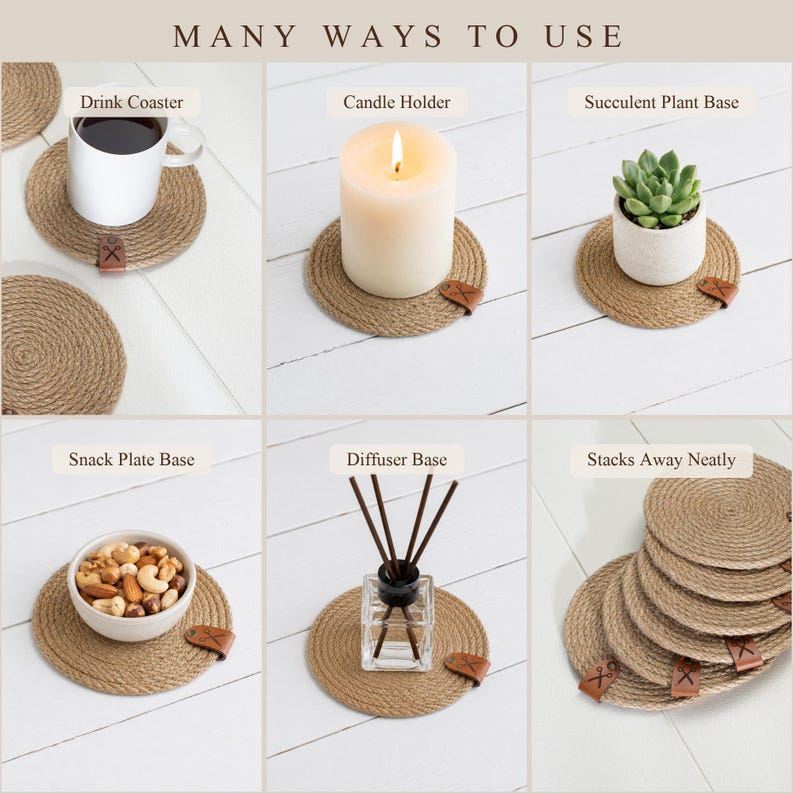 Six ways to use the natural jute coaster: under a drink, as a candle holder, under a succulent pot, under a snack bowl, under a reed diffuser, and stacked away neatly.