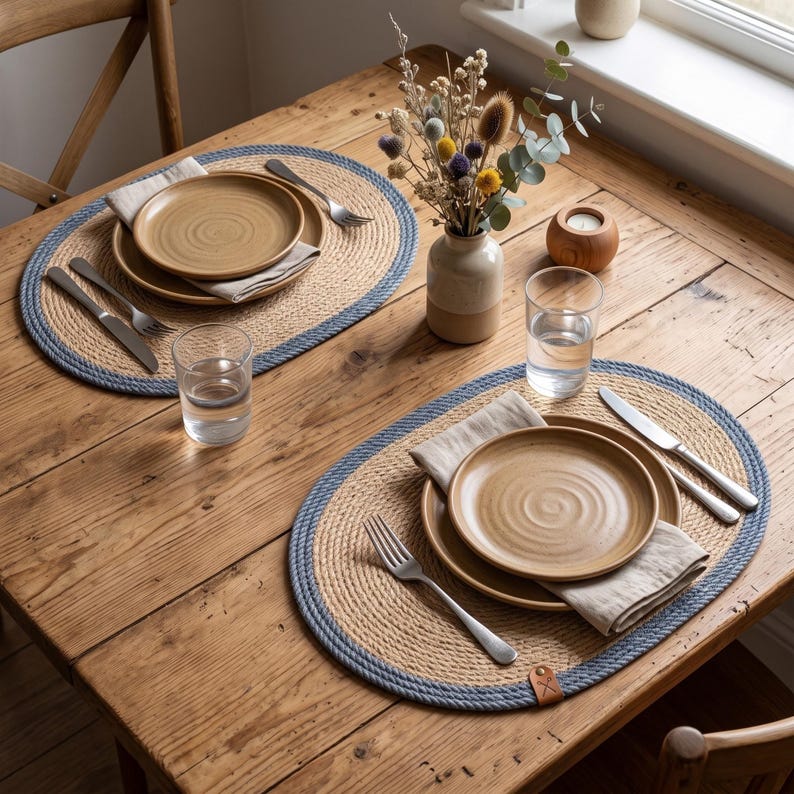 Coastal jute placemats with blue stripe borders on a bright dining table near a window with white plates.