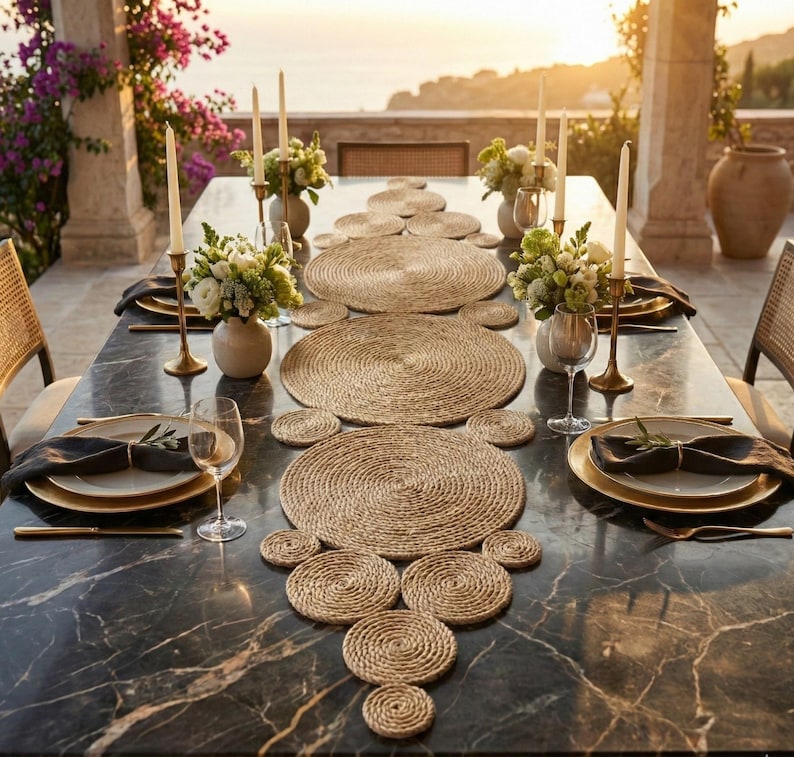 Marble terrace table at sunset laid with a jute circle runner, gold rimmed plates, white roses and tall taper candles overlooking the sea