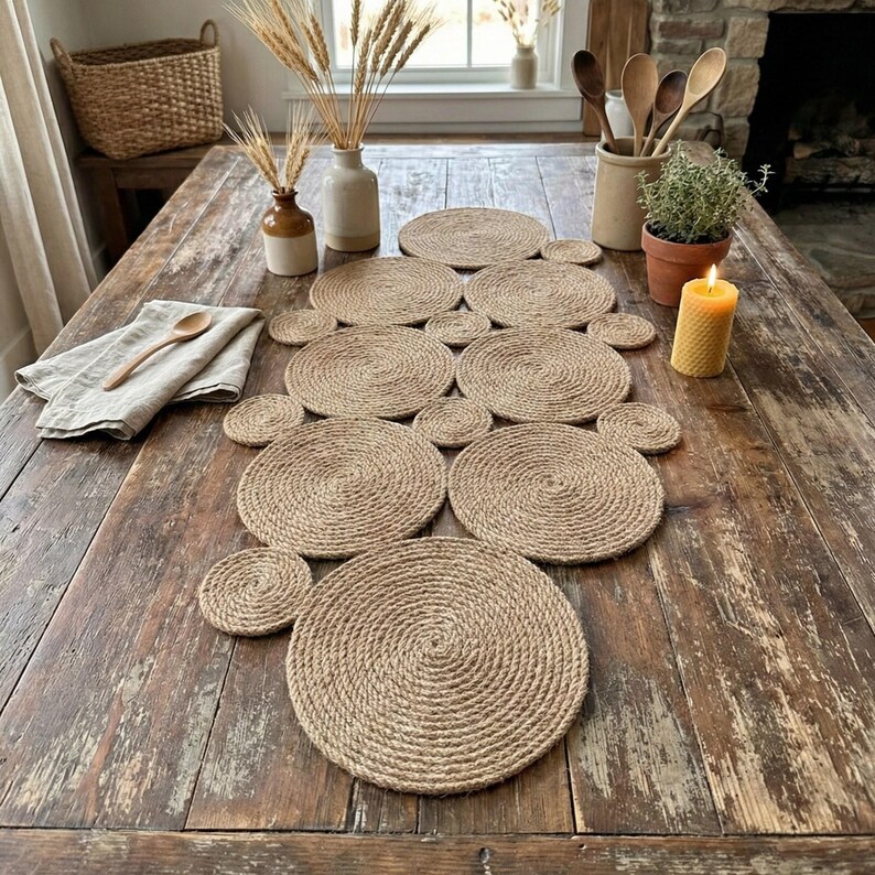 May include: A dining table set with a jute placemat runner and coasters. The natural jute complements the wooden table. The scene includes a lit candle and decorative items. The placemat runner and coasters are made of woven jute.