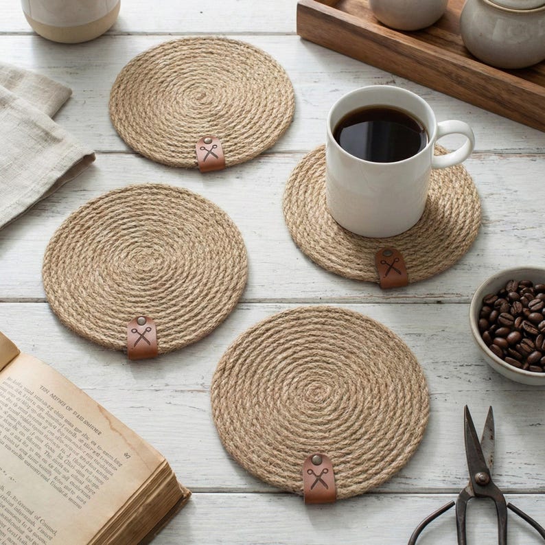Four round jute coasters with faux leather tags on whitewashed planks, with a white mug of black coffee, a bowl of coffee beans, an open book, vintage scissors and a wooden tray of stoneware