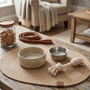 Handmade 100% natural jute dog bowl mat on a rustic light wood floor. This fringeless, hand-stitched placemat features a premium genuine leather tag and serves as a stylish, durable feeding station for dogs. The organic woven texture protects floors from food and water spills while providing a rustic, farmhouse aesthetic that blends seamlessly with modern pet home decor. Perfect for sustainable pet owners looking for functional and aesthetic dining solutions for their furry friends.