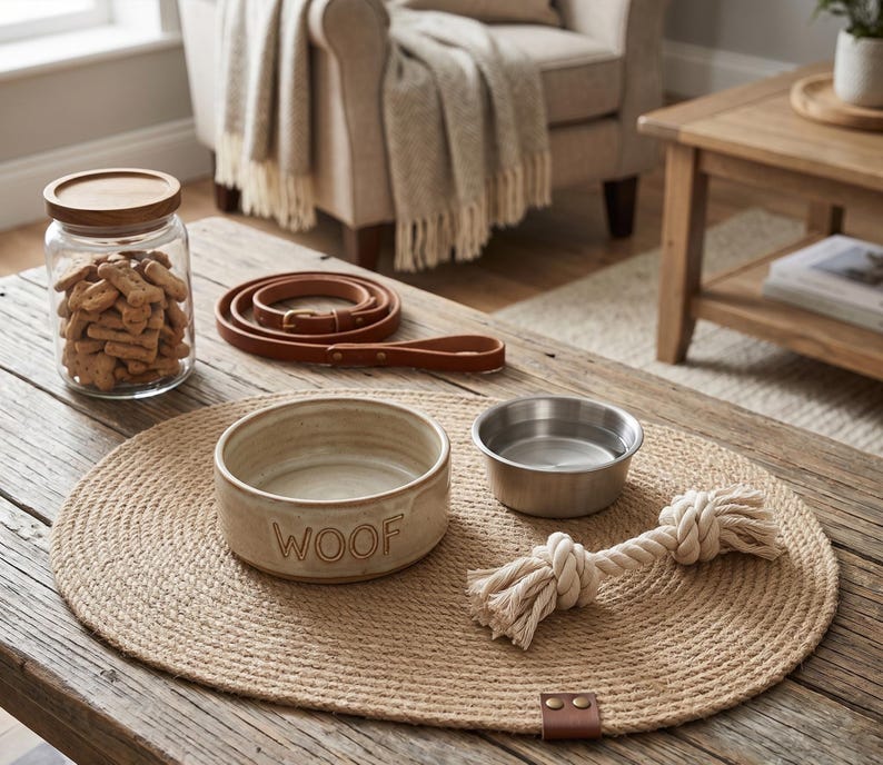 Handmade 100% natural jute dog bowl mat on a rustic light wood floor. This fringeless, hand-stitched placemat features a premium genuine leather tag and serves as a stylish, durable feeding station for dogs. The organic woven texture protects floors from food and water spills while providing a rustic, farmhouse aesthetic that blends seamlessly with modern pet home decor. Perfect for sustainable pet owners looking for functional and aesthetic dining solutions for their furry friends.