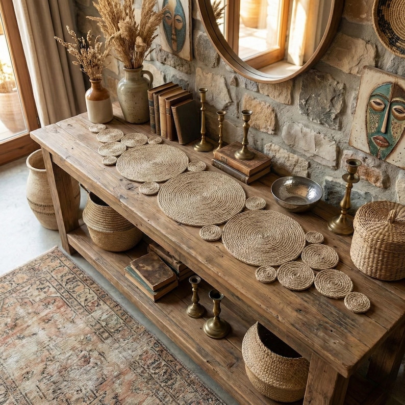 Rustic console table against a stone wall with a jute disc runner, brass candlesticks, woven baskets and a round mirror above