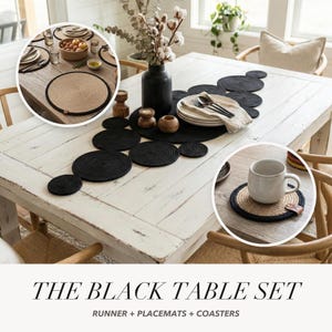 Schwarzes Tischset, Tischläufer aus Baumwollseil mit schwarzem Rand, Platzsets und Untersetzer, modernes monochromes Esszimmer-Set