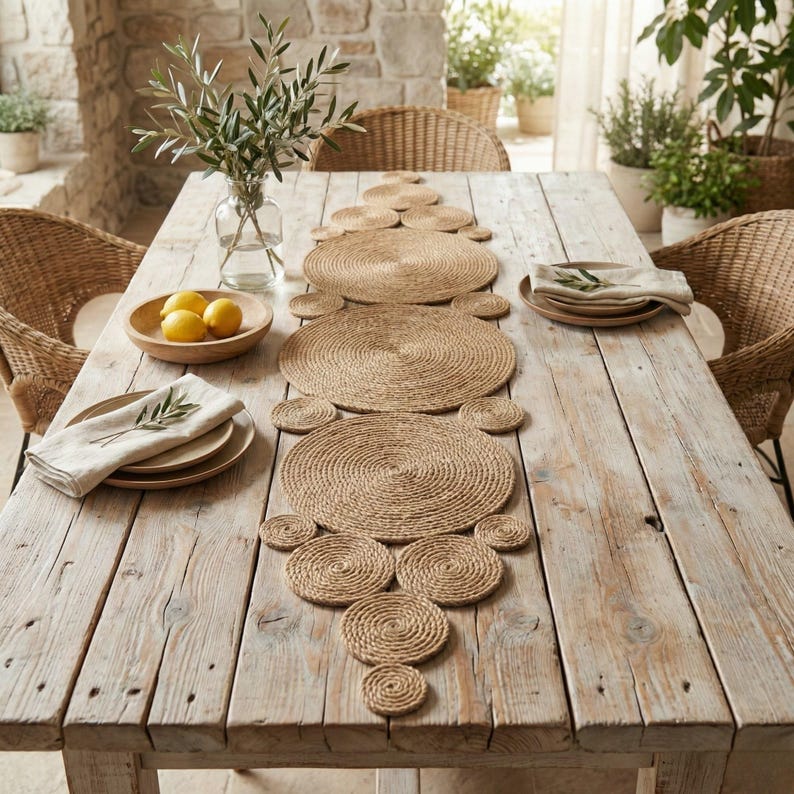 Whitewashed outdoor table with a jute circle runner, a bowl of lemons, olive branches in a glass jar and linen napkins on stacked plates