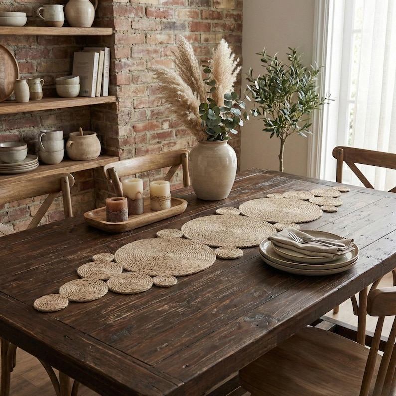 Dark farmhouse table with a jute circle runner, a large ceramic vase of eucalyptus and pampas, candles on a wooden tray and open shelving of pottery behind