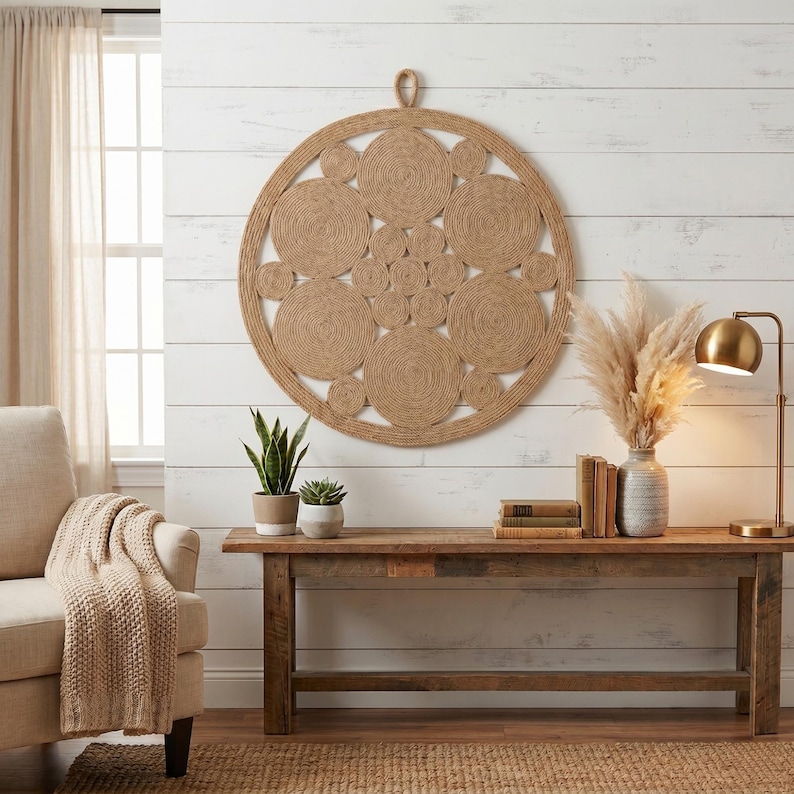 Round jute wall art on white shiplap above a rustic console table with pampas grass, a brass lamp, antique books and a cream armchair